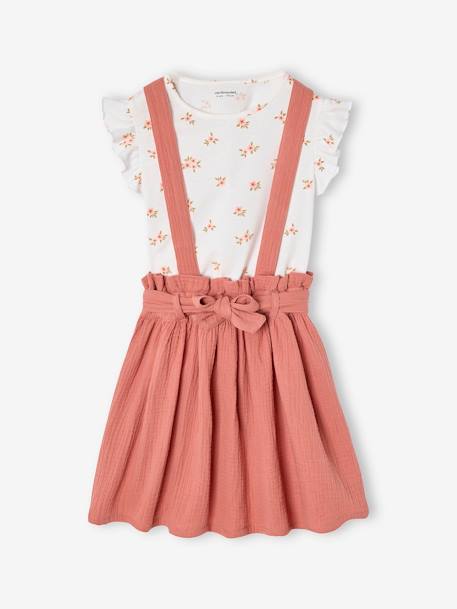 Ensemble fille t-shirt à volants et jupe à bretelles en gaze de coton corail+indigo+lilas+vert sauge+vieux rose - vertbaudet enfant 