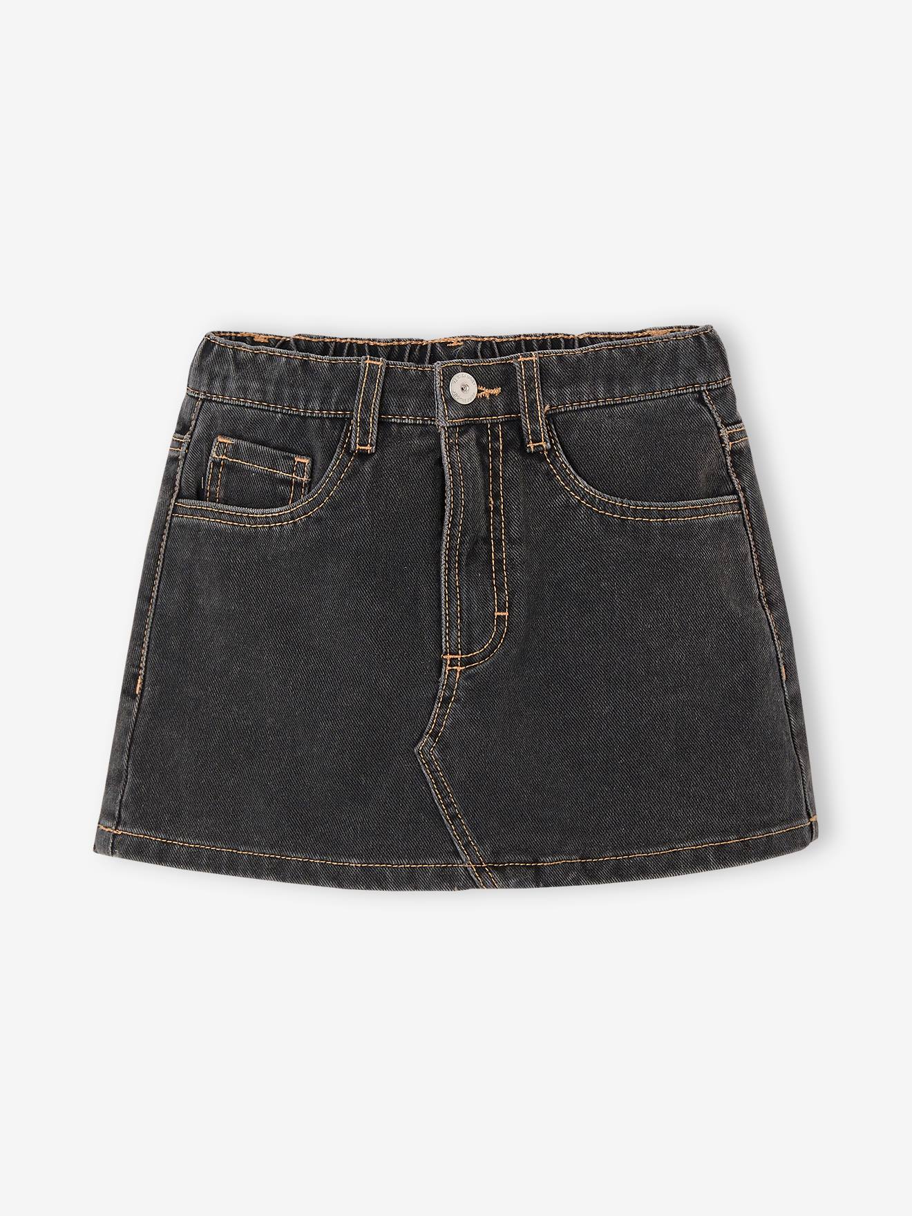 Denim Skirt with Embroidered Flowers, for Girls - bleached