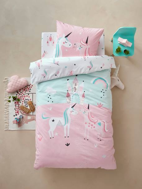 Girls Duvet Cover Pillowcase Magic Unicorns Theme Blue Light