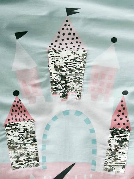 Girls' Duvet Cover + Pillowcase, Magic Unicorns Theme BLUE LIGHT SOLID WITH DESIGN - vertbaudet enfant 