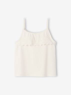 -Sleeveless Top with Ruffles in Broderie Anglaise for Girls