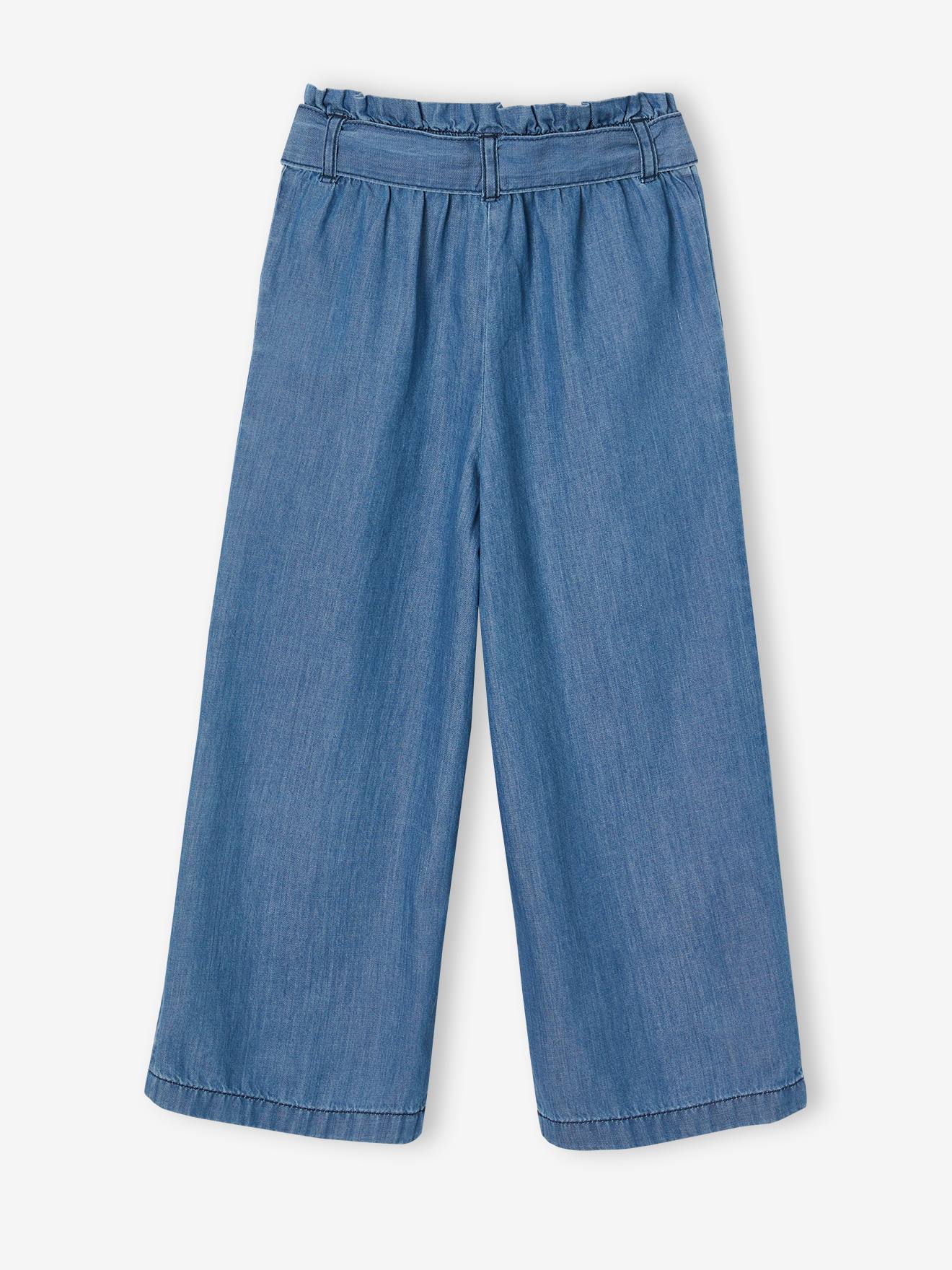 VERTBAUDET Bermuda Jean Paperbag Fille - Ceinture Fleurie à Nouer, 100% Coton, Taille Élastiquée