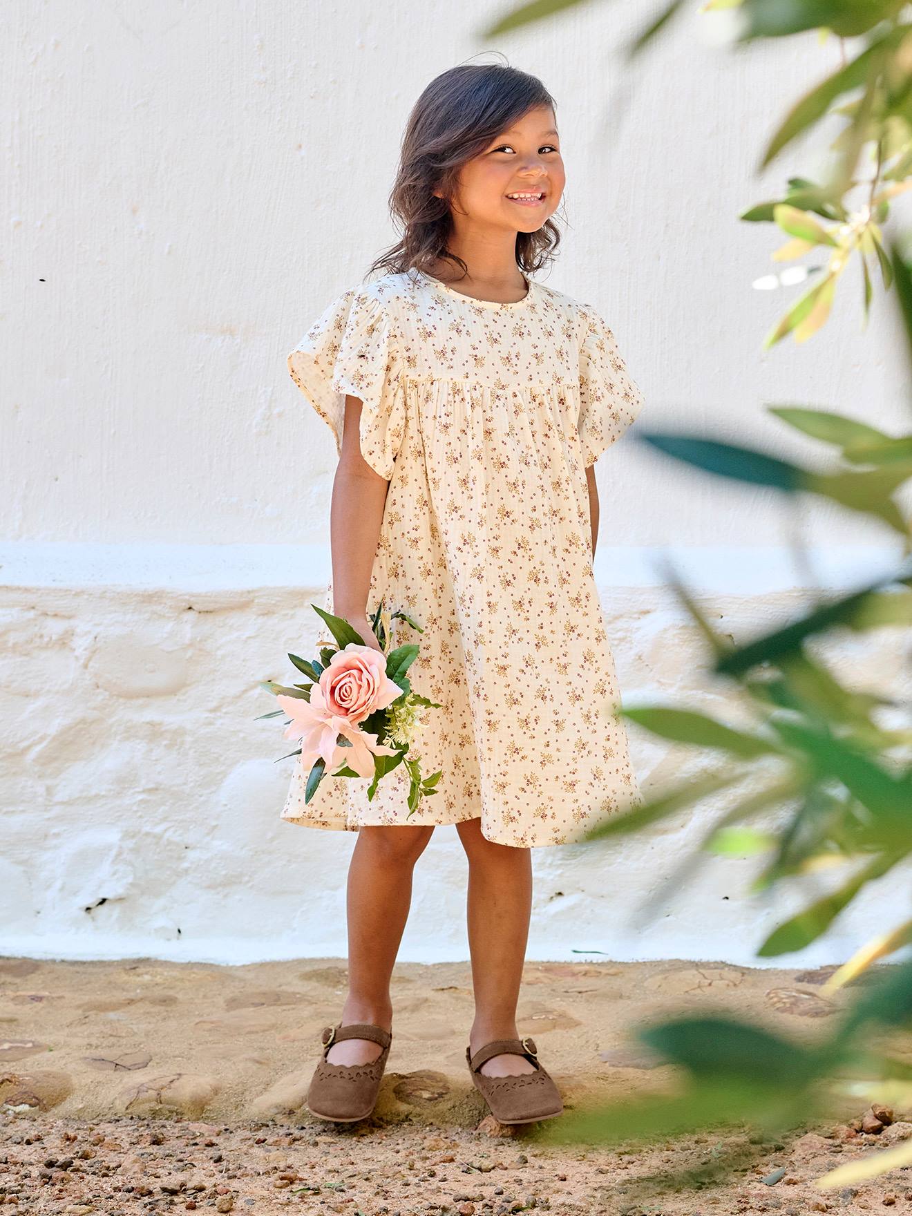 Cotton Gauze Dress with Floral Print, for Girls vanilla, Girls