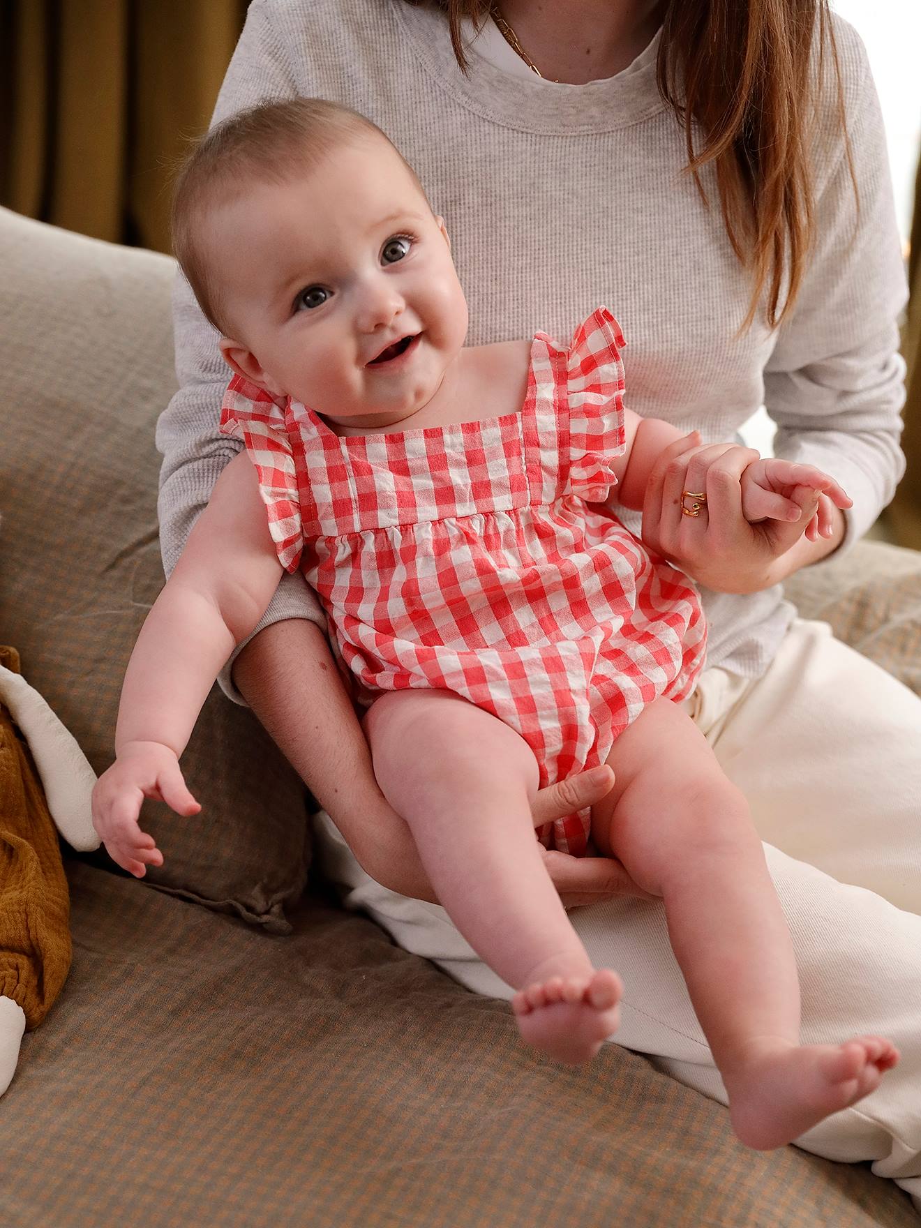 Barboteuse vichy naissance sans manches framboise, Bébé