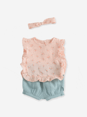 Baby Set: Blouse + Shorts + Headband in Cotton Gauze   - vertbaudet enfant