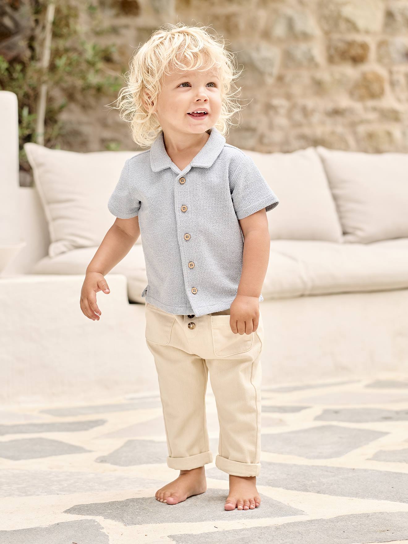 Ensemble pour garçon composé d'une chemise manches courtes, d'un bermuda chino, de bretelles