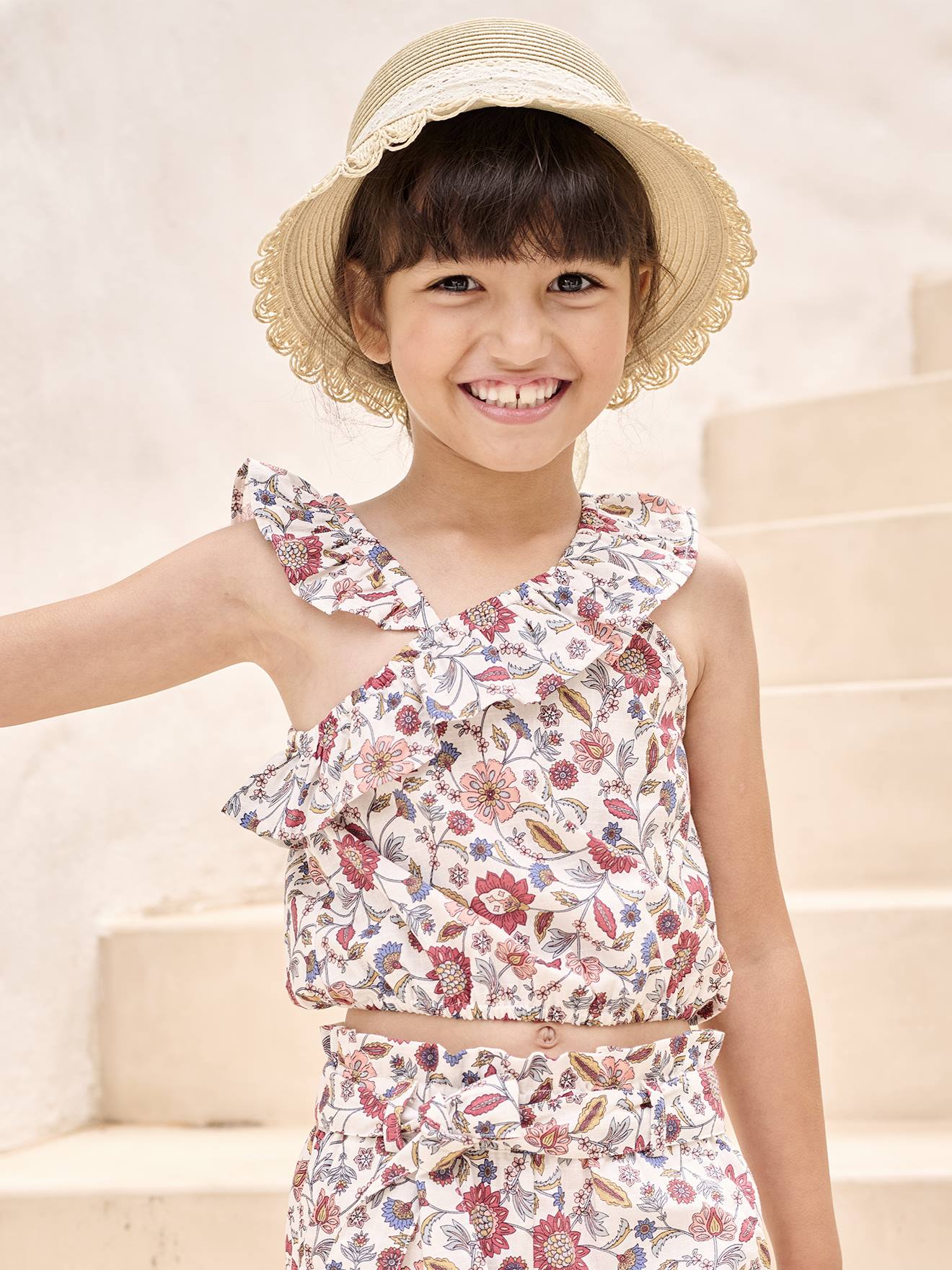 Floral print frill blouse for girls - ecru, Girls