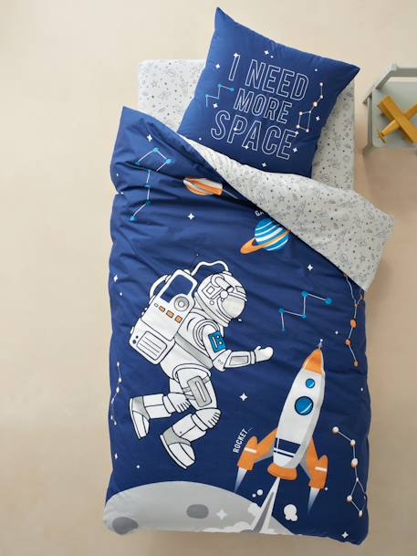 Duvet Cover + Pillowcase Set for Children, Planets Theme BLUE DARK SOLID WITH DESIGN - vertbaudet enfant 
