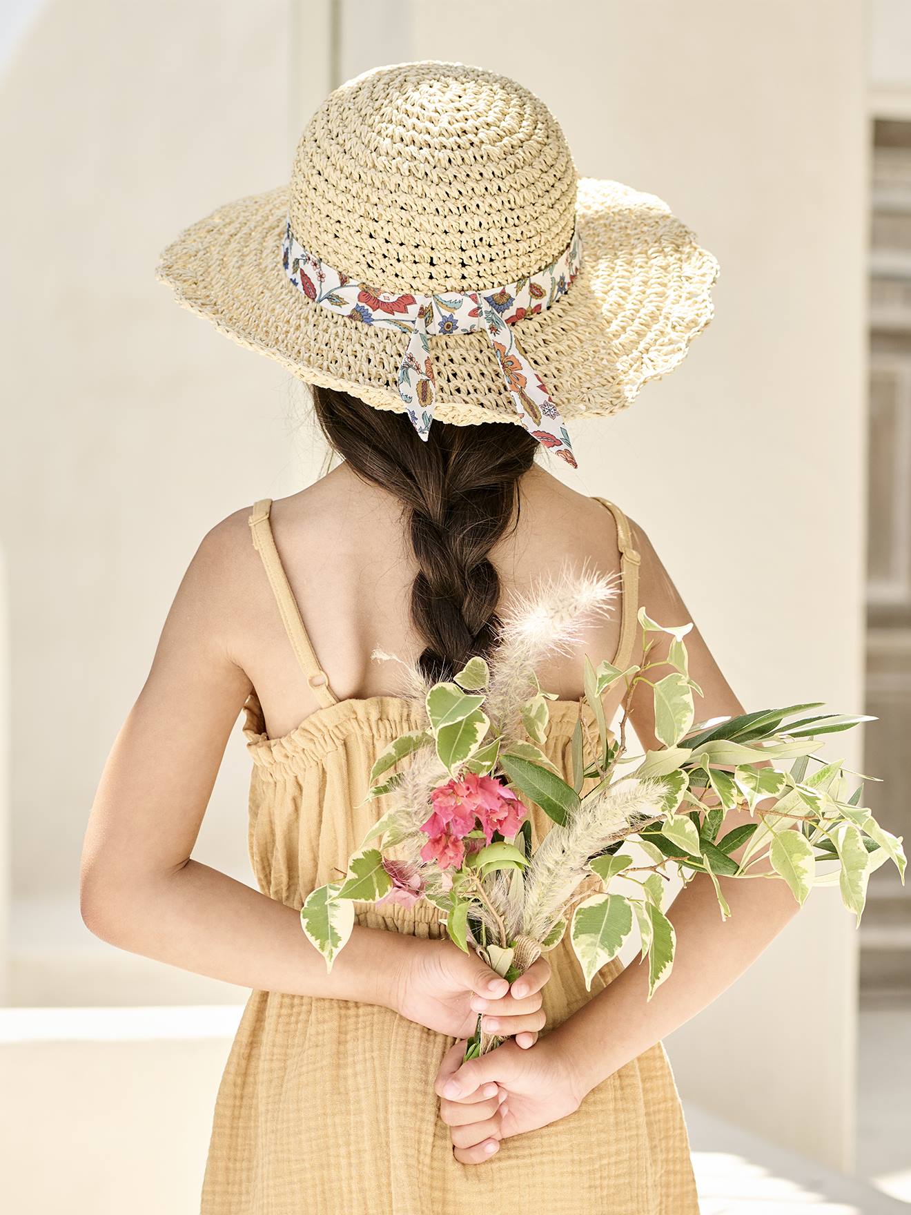 Paper Straw Hat With Floral Ribbon for Girls wood, Girls