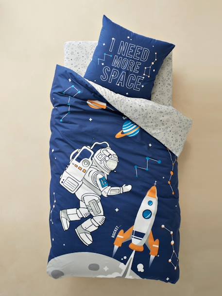 Duvet Cover + Pillowcase Set for Children, Planets Theme BLUE DARK SOLID WITH DESIGN - vertbaudet enfant 