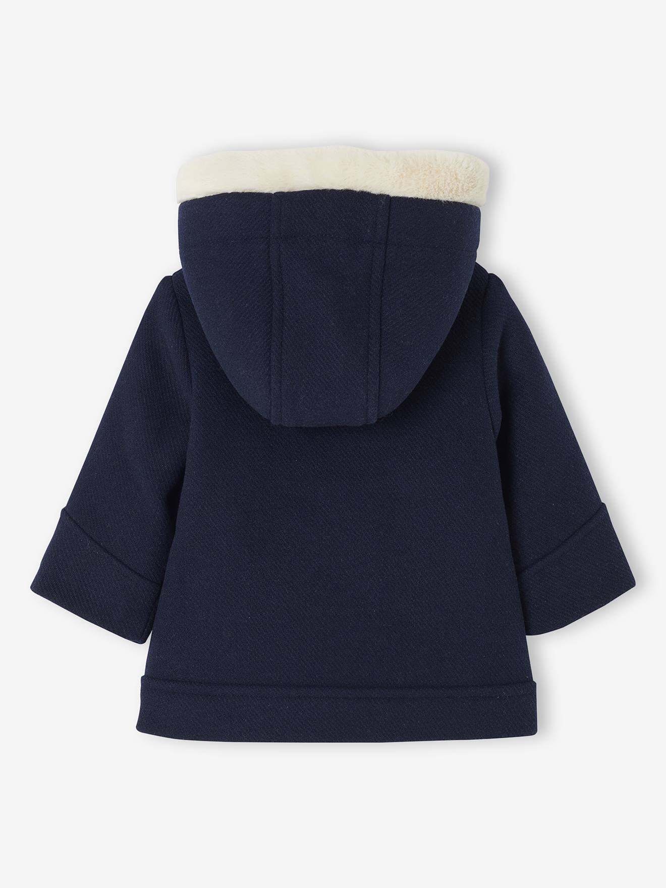 Manteau à Capuche Bébé Fille Vertbaudet - Drap De Laine Marine - Taille 24 Mois (86cm) - Capuche Bordée Imitation Fourrure
