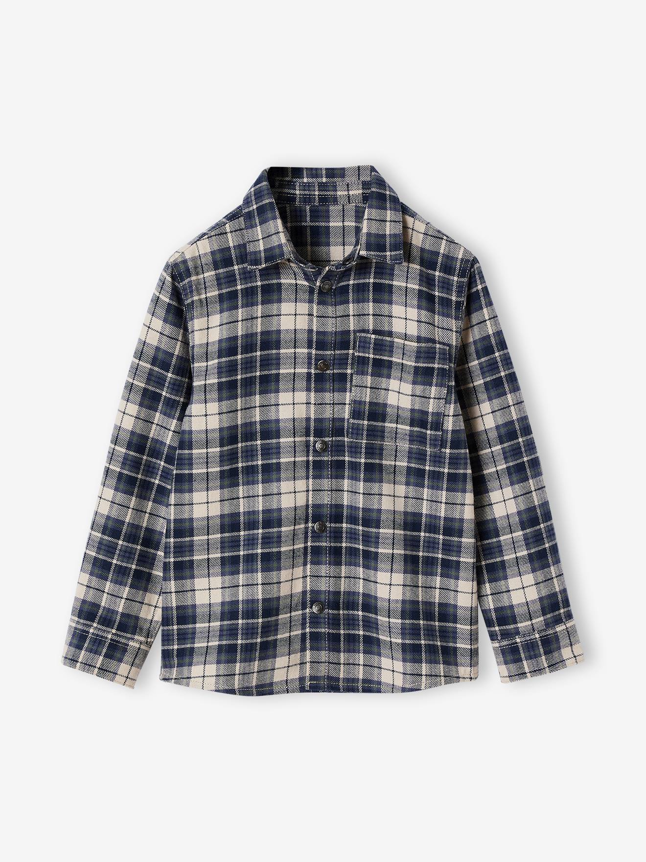 Chemise sport chic bleu marine à mini carreaux moutarde et ciel
