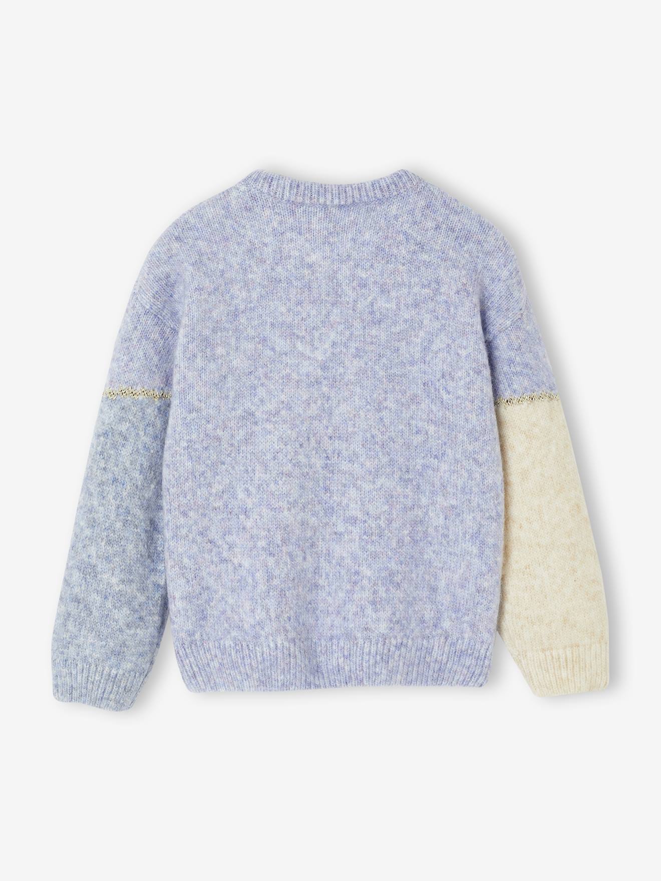 Pull M&S Fille Colourblock - Bleu, Coton, Col Rond, Taille 9-10 Ans (occasion Très Bon état)