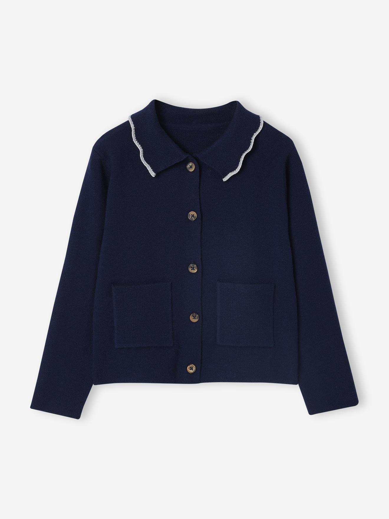 Cardigan with Rhinestone Buttons & Fancy Collar for Girls