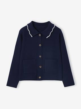 Gilet Fille Maille Ajourée à Noeuds | Manches Longues | Col Festonné | 53% Acrylique, 35% Polyamide, 12% Polyester | Vertbaudet