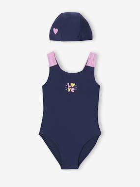 -Swimsuit Set Comprising One-Piece Swimsuit + Beanie for Girls