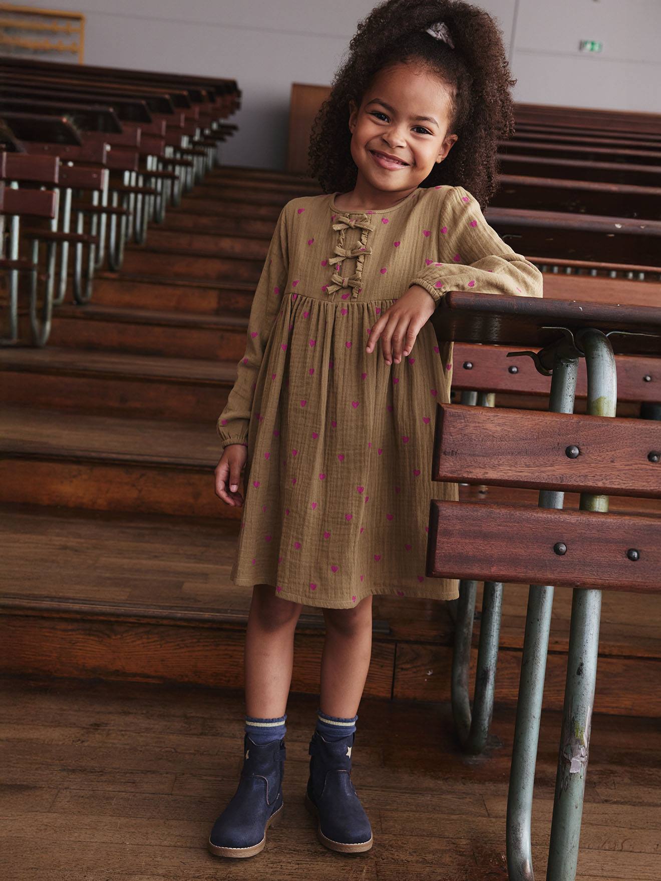 Robe en gaze de coton avec noeuds fantaisie fille olive, Fille