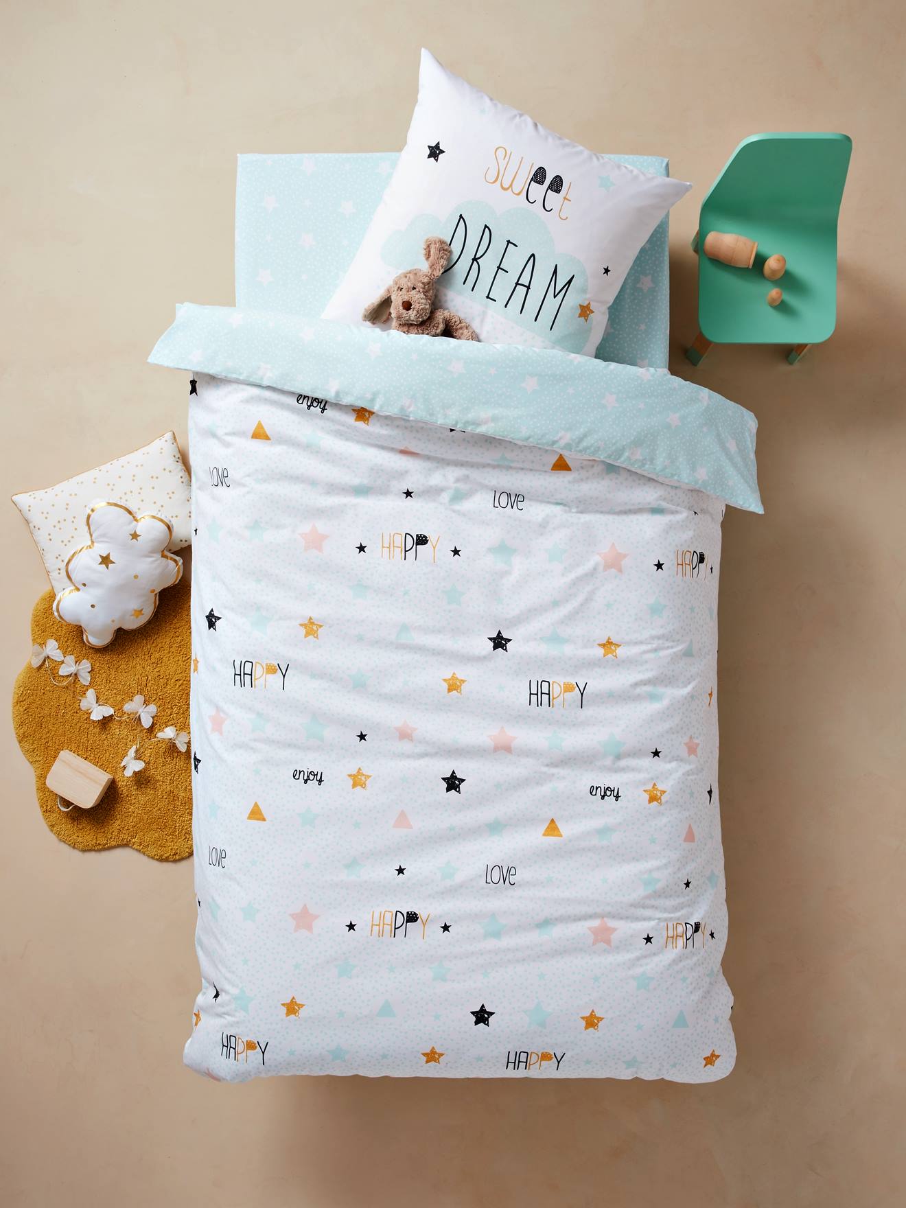 Parure Housse De Couette Taie D Oreiller Enfant Happy Love Oeko Tex Blanc Linge De Lit Deco