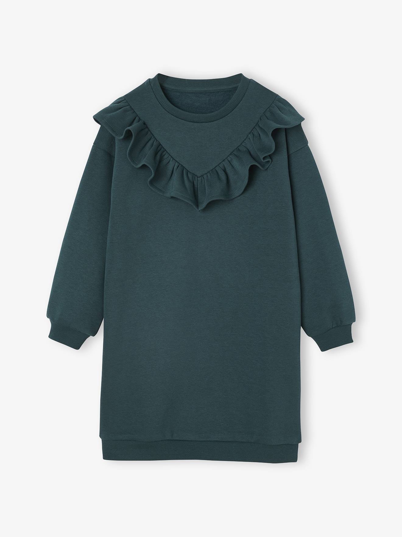 Fleece Dress with Frill for Girls - emerald green, Girls Fleece Dress with Frill for Girls - emerald green, Girls