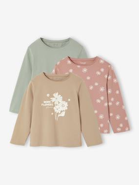 Lot De 3 T-shirts Manches Longues Pour Fille - 100% Coton - Motifs Fantaisie Et Unis - Taille Enfant