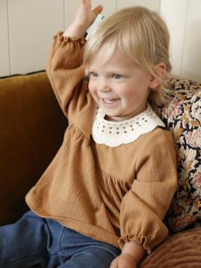 T-shirt for babies in crinkled jersey with crochet collar  - vertbaudet enfant