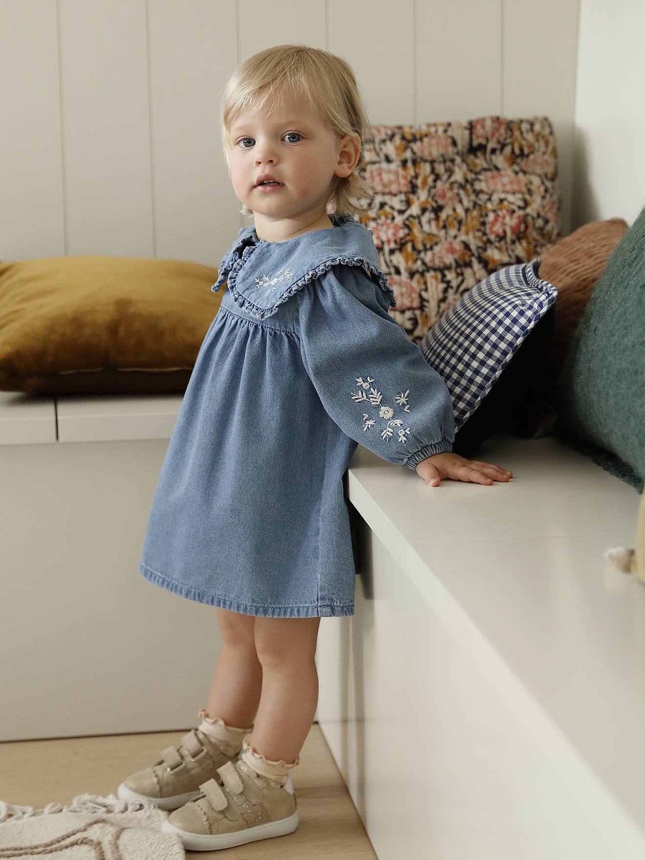 Embroidered denim baby dress - stone, Baby