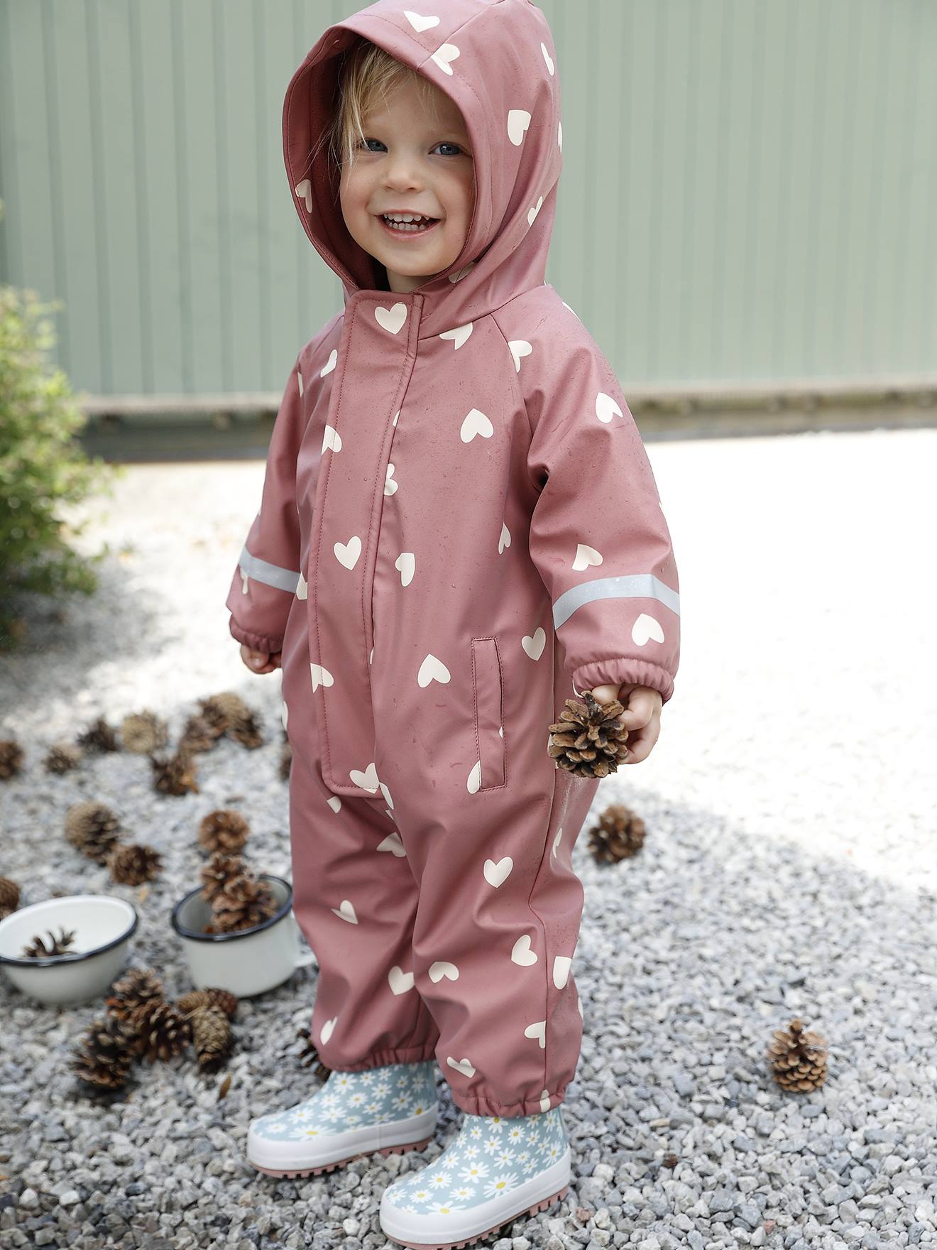 Fleece-lined baby's hooded printed rainsuit - old rose, Baby