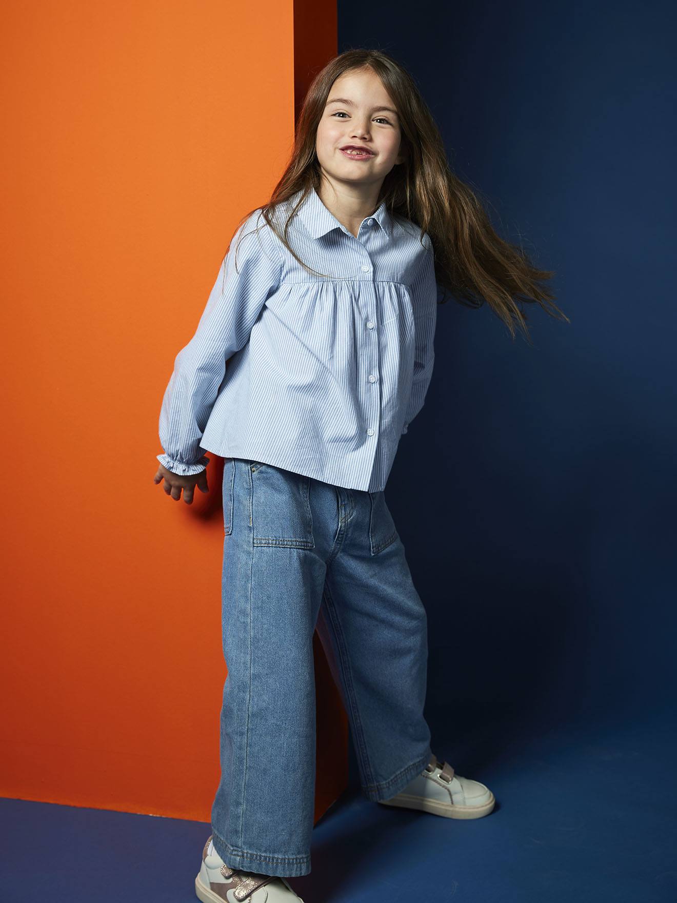 VERTBAUDET Jean Large Charpentier Fille - Denim Confortable Avec Taille Élastiquée Et Poches