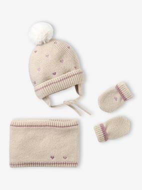Embroidered heart set with beanie, snood and baby mittens  - vertbaudet enfant