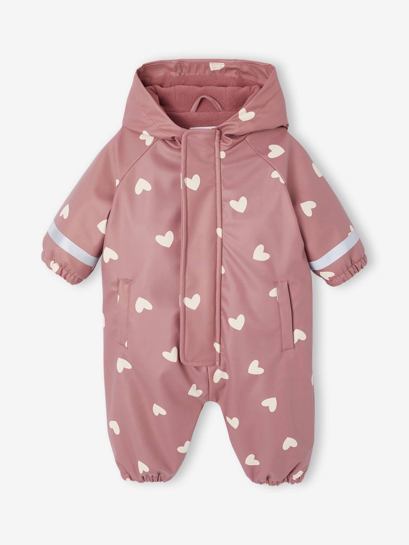 Fleece-lined baby's hooded printed rainsuit - old rose, Baby