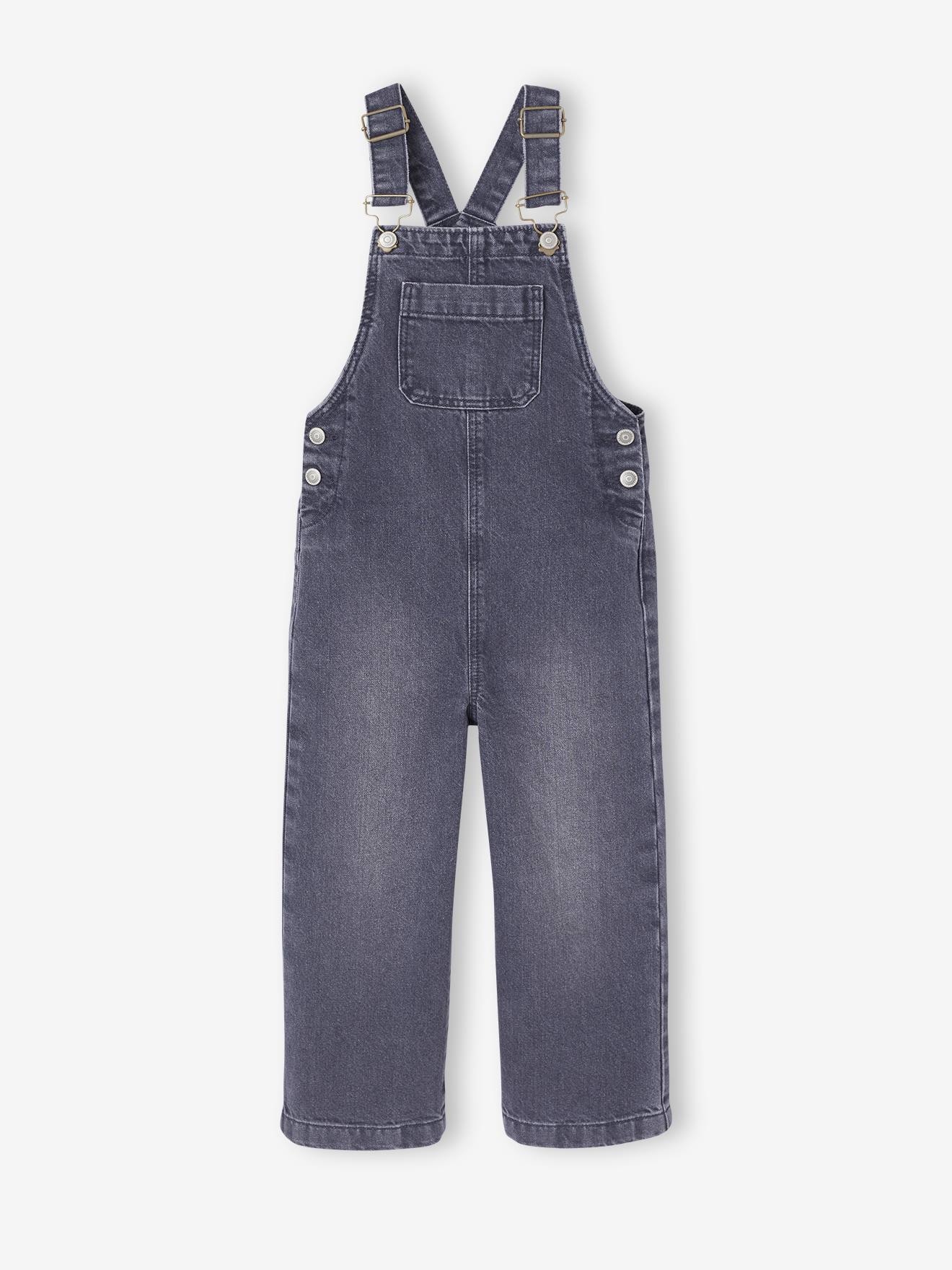 Denim Dungarees, Flounce Straps, for Girls - stone, Girls