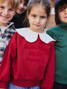 Girls-Girl's sweatshirt with English embroidery collar and flocked velvet message