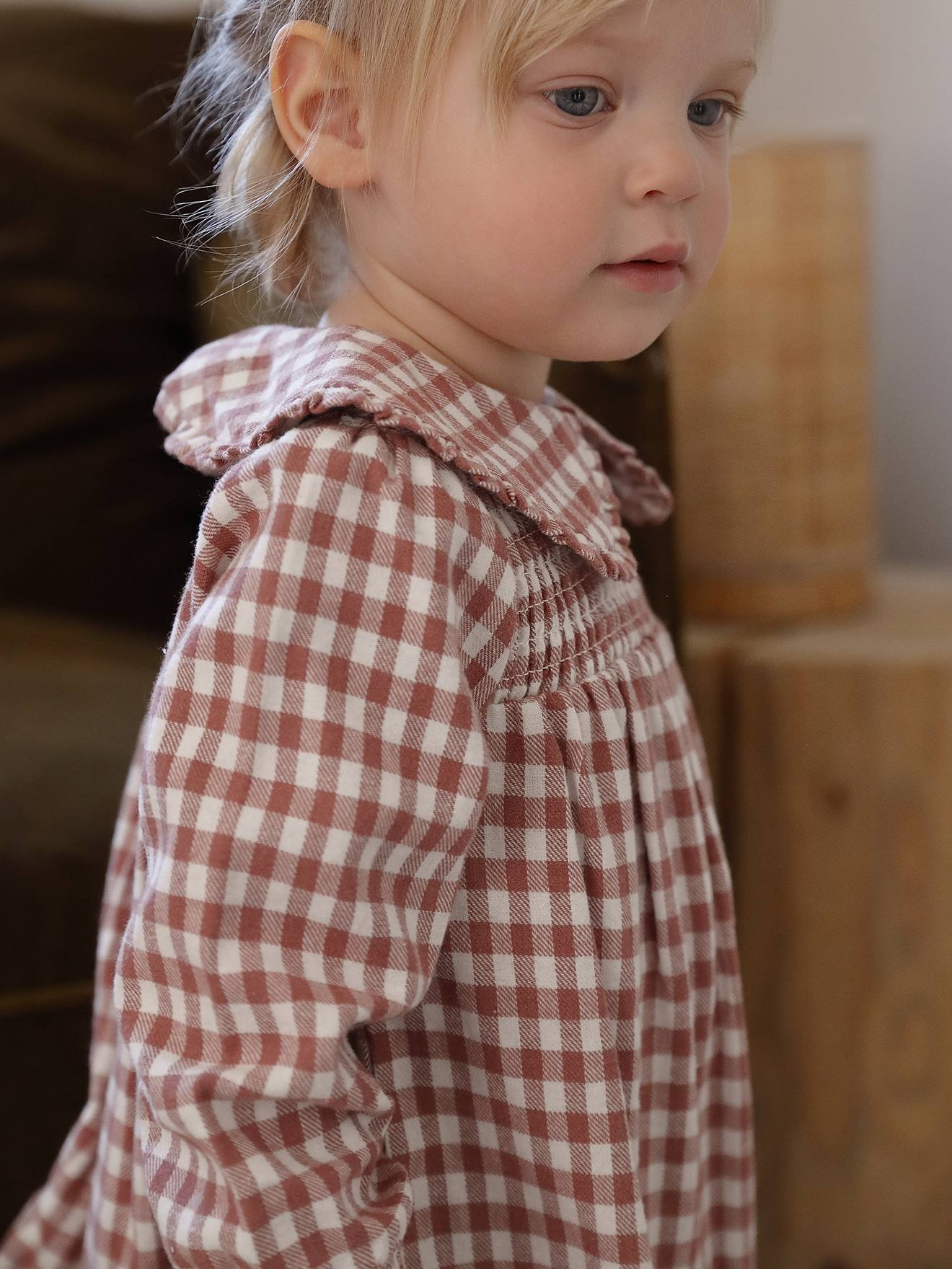 toddler girl brown gingham dress Long Sleeve pink gingham Dress 100% Organic Cotton gauze Studio Bohème main image 0