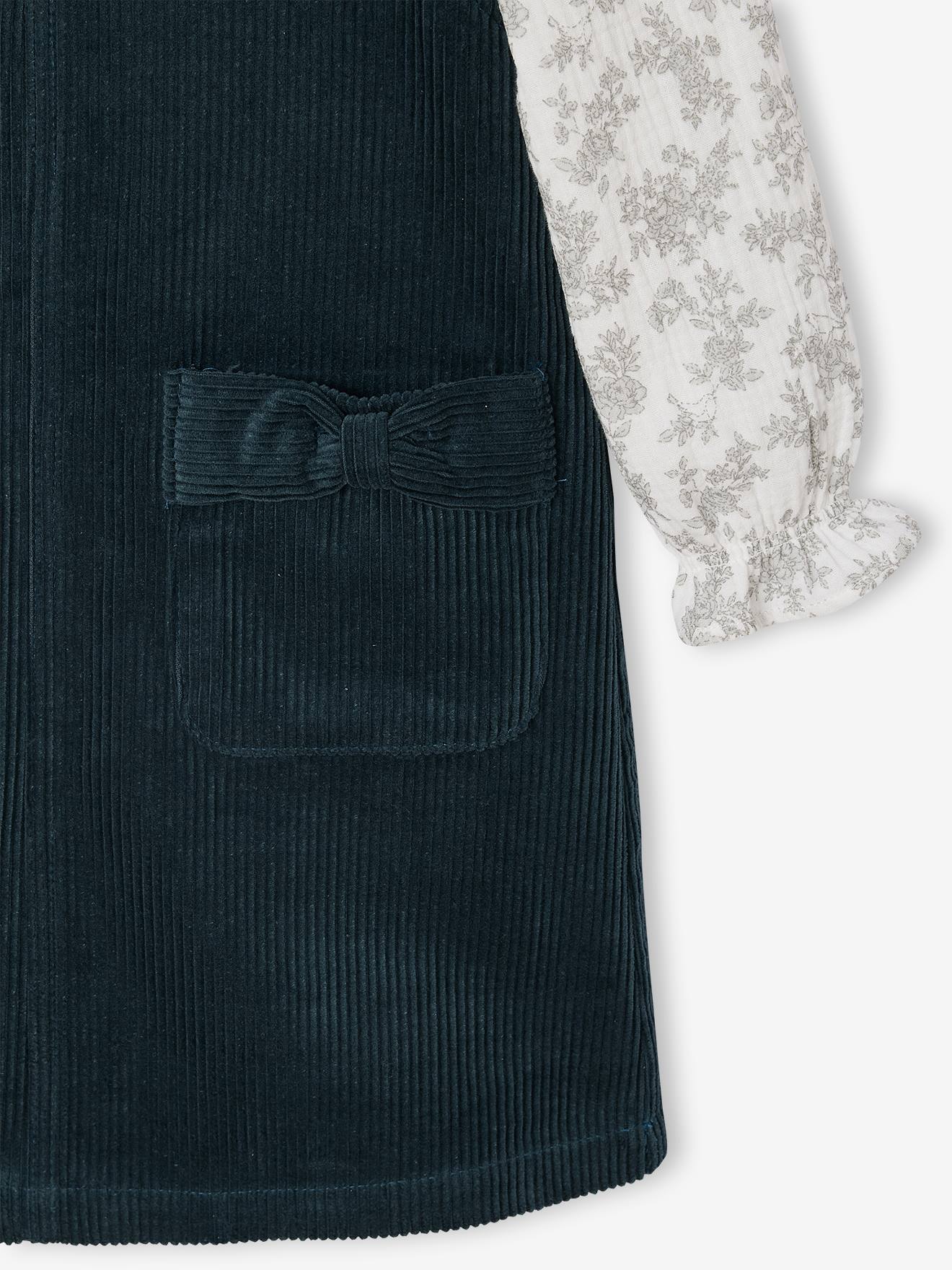 Velvet pinafore dress and cotton muslin blouse set for girls