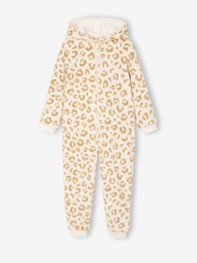 Girls-Sherpa leopard print pyjama jumpsuit for girls