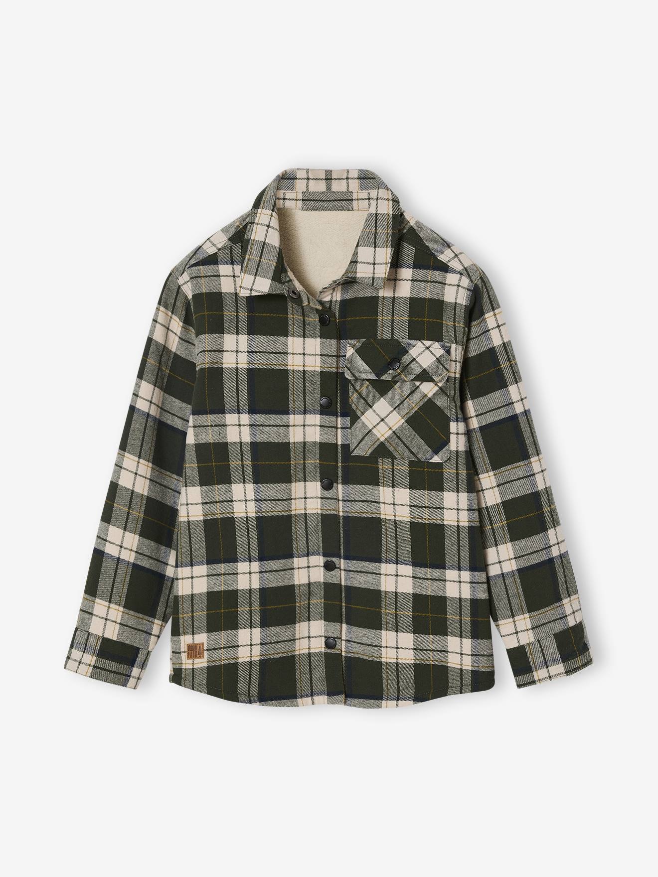 Chequered Flannel Shirt with Sherpa Lining for Boys - chequered