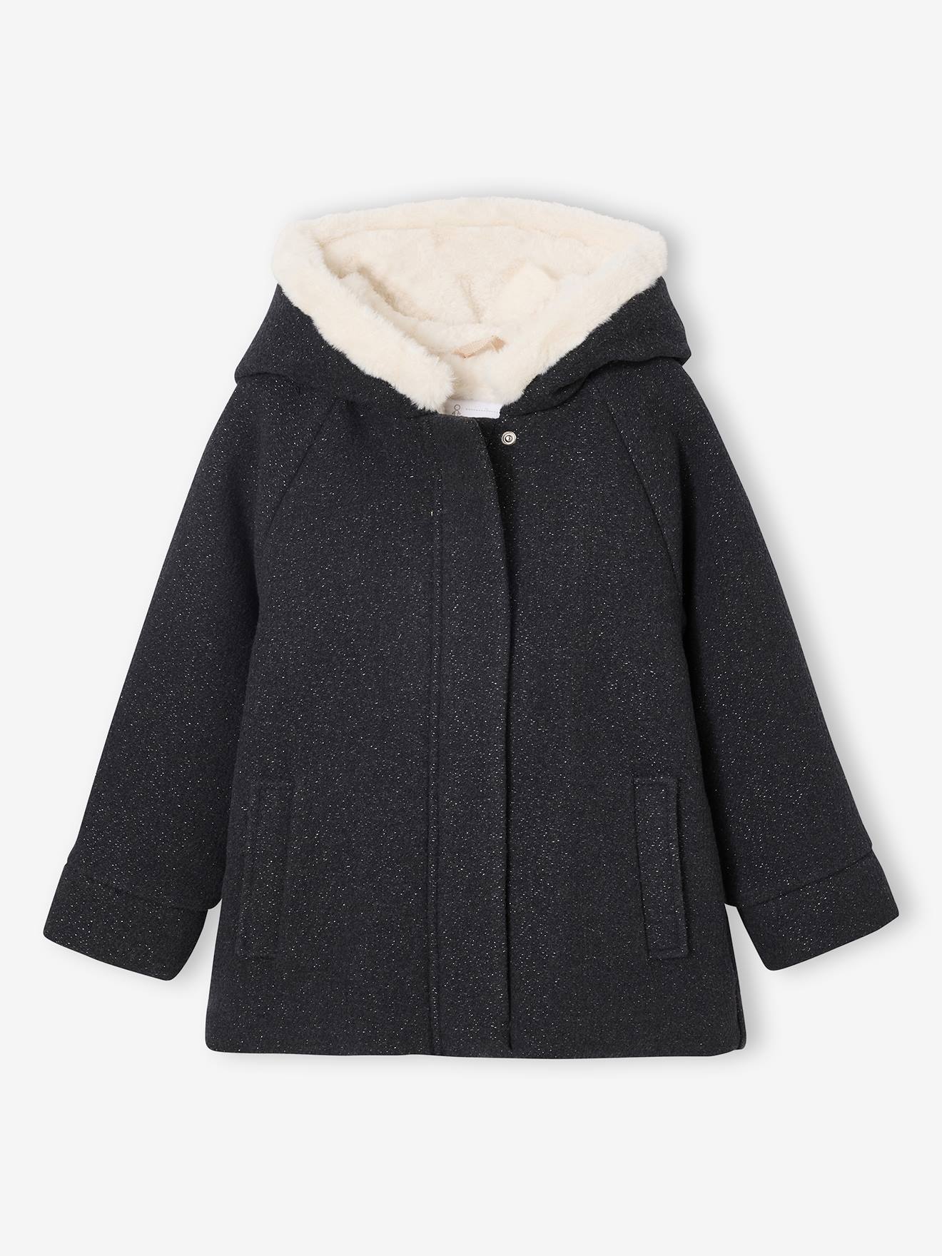 Woollen Coat with Hood & Sherpa Lining for Girls - beige