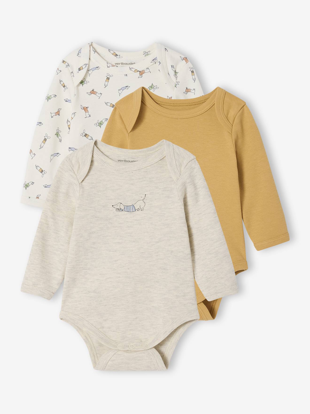 Lot De 3 Bodies Naissance Vertbaudet - Ouverture Américaine, Manches Longues, Coton Bio