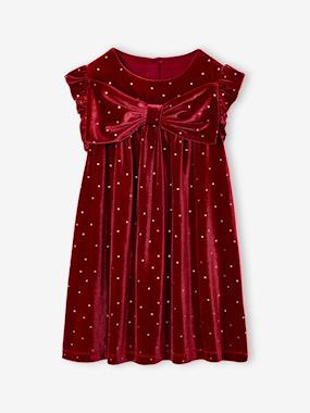 Velour Occasionwear Dress with Bow on the Back, for Girls - dark red, Girls
