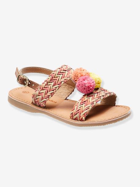 Leather Sandals With Pompons For Girls Pink Medium Solid With