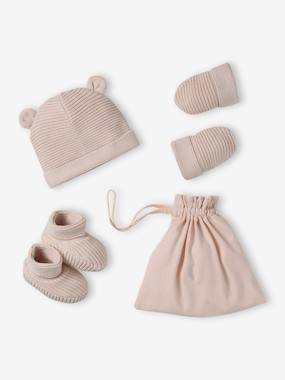 Set of beanie, mittens and slippers in organic cotton and its customisable pouch  - vertbaudet enfant