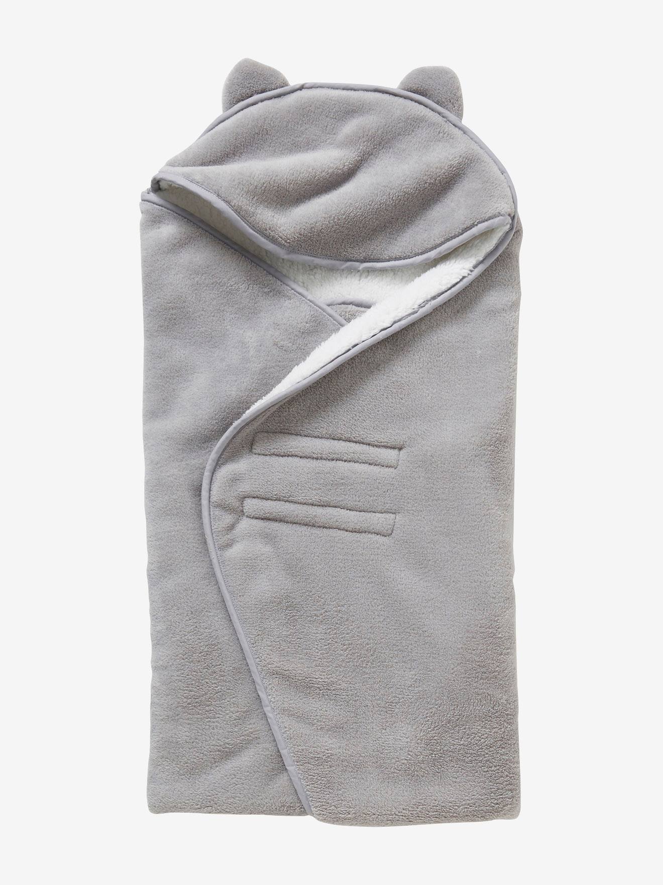 Throw With Hood For Babies In Microfibre Polar Fleece Lining Grey Medium Solid