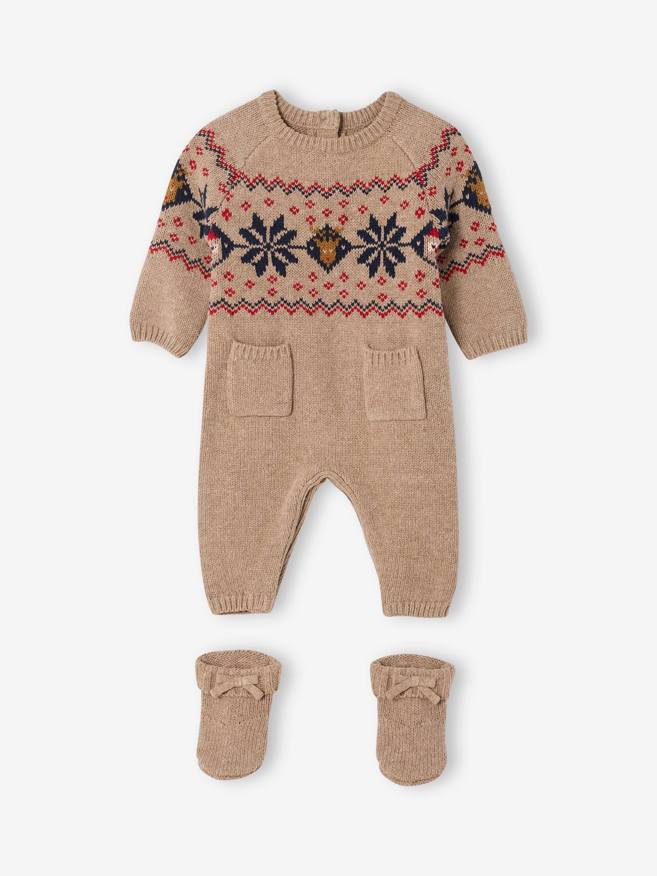 Newborn 2-piece Christmas knitted set: jumpsuit + socks - marl