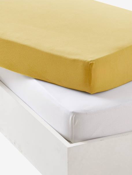 Lot De 2 Draps Housses Bebe En Jersey Extensible Oeko Tex Jaune Curry Linge De Lit Deco