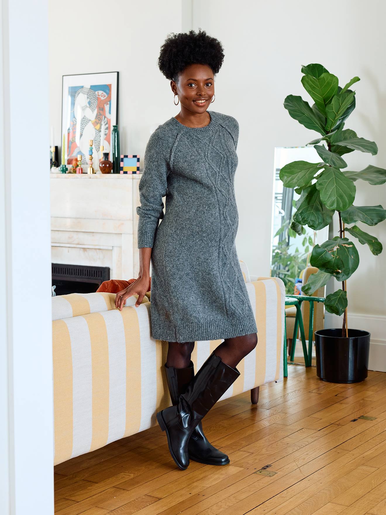 Cable Knit Jumper Dress with Wool for Maternity - marl grey, Maternity