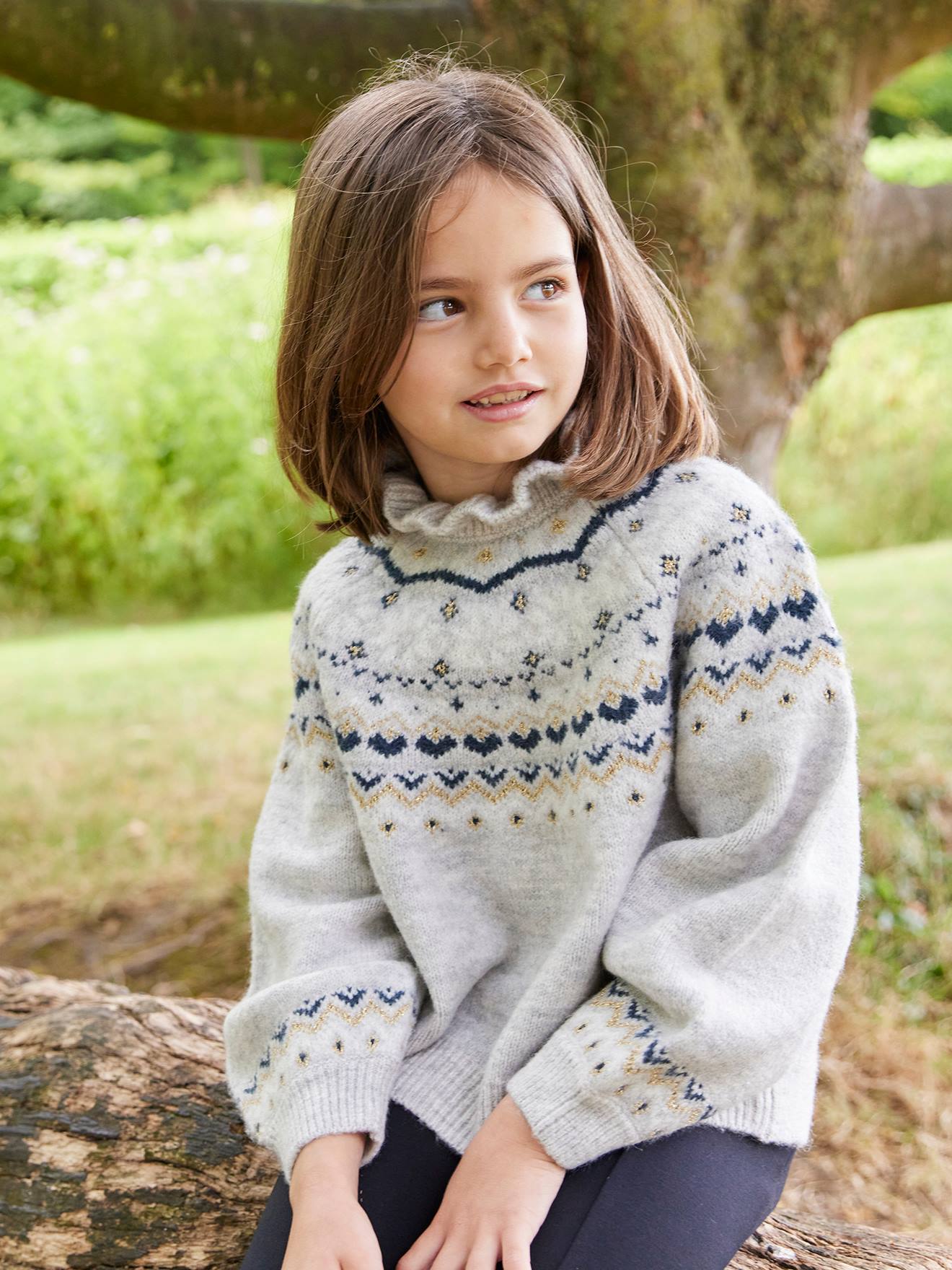 Girl's jacquard jumper with sparkly details - marl grey, Girls