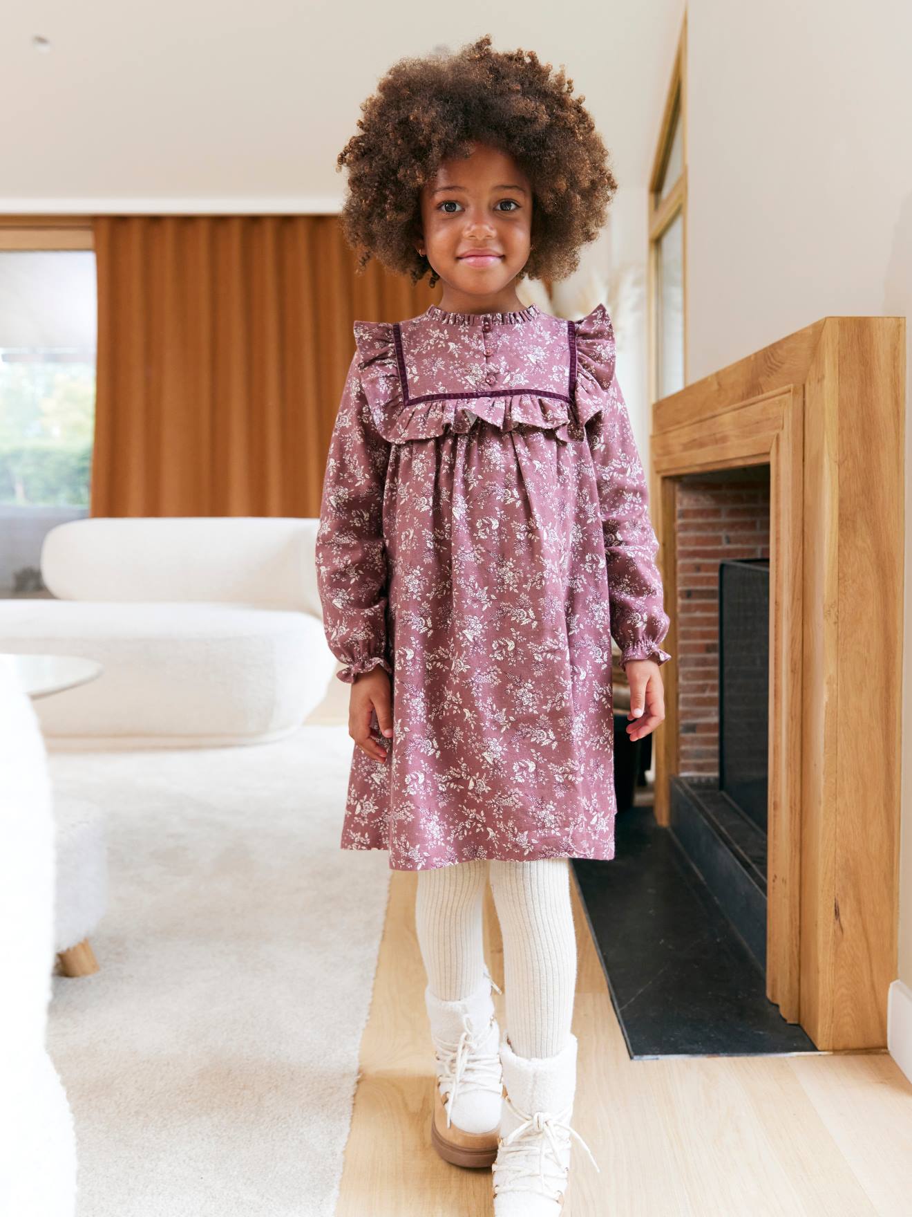 Dress in floral print flannel for girls - plum, Girls