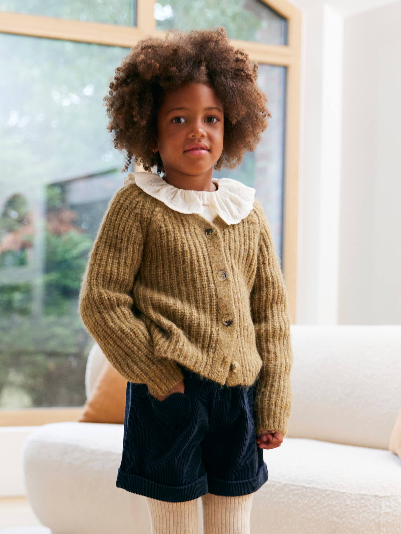 Gilet Fille En Maille Ajourée Vertbaudet - Manches Longues Volantées, Boutons Dorés - Tendance Bohème