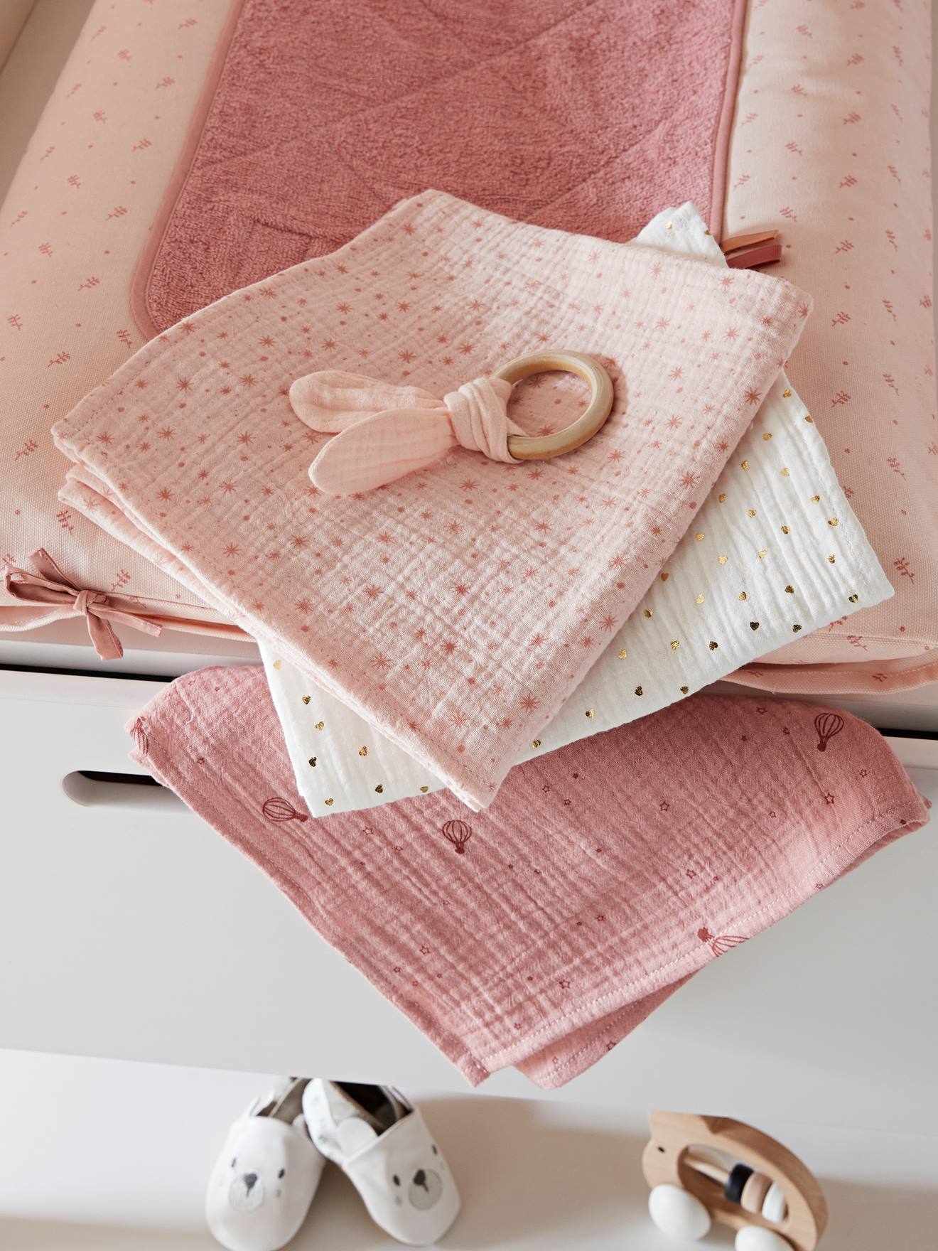 Langes bébé en gaze de coton biologique blanc imprimé, beige rosé et  terracotta (x3) OIA