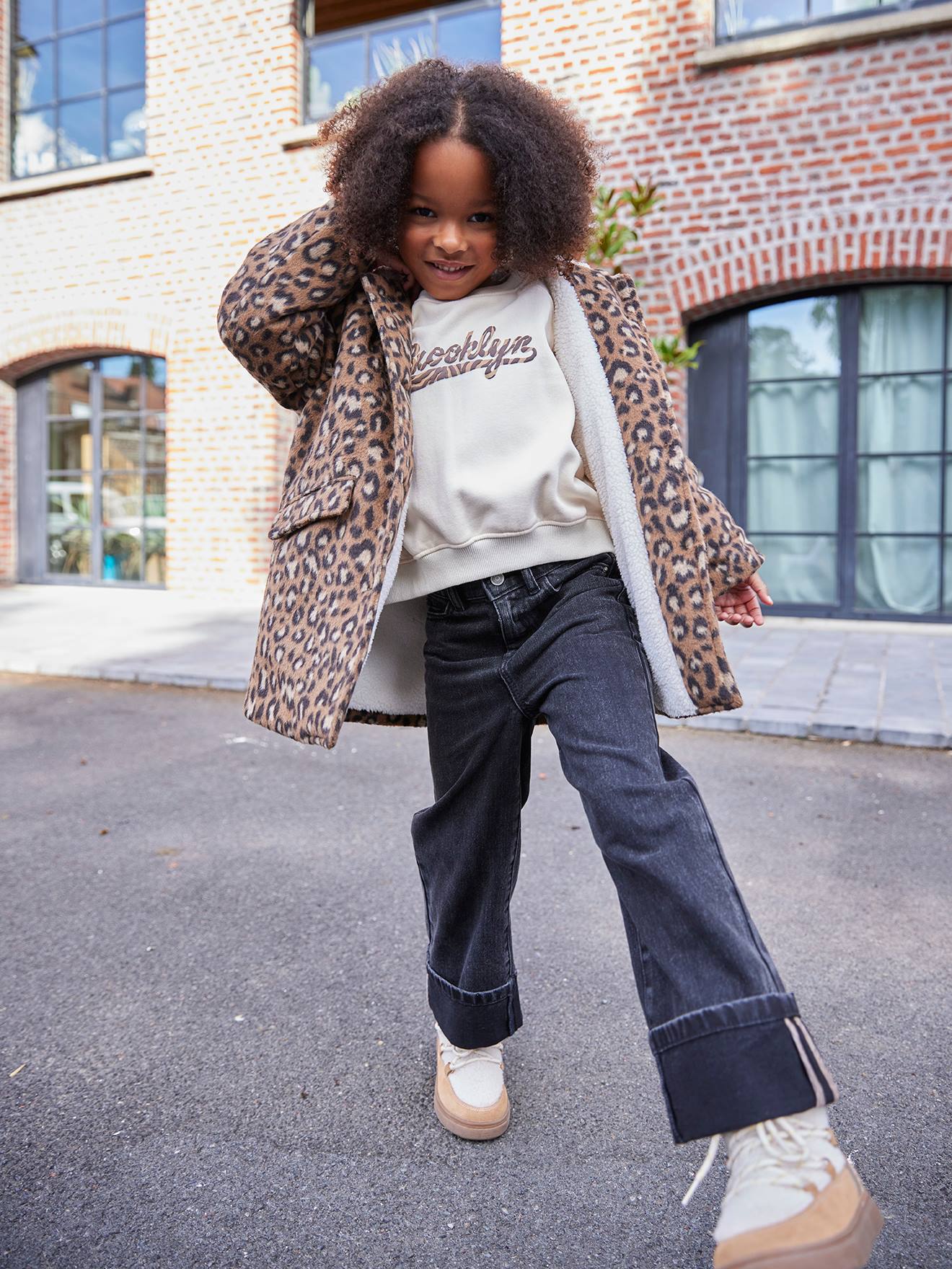 Leopard Print Wool Blend Hooded Coat for Girls - brown, Girls